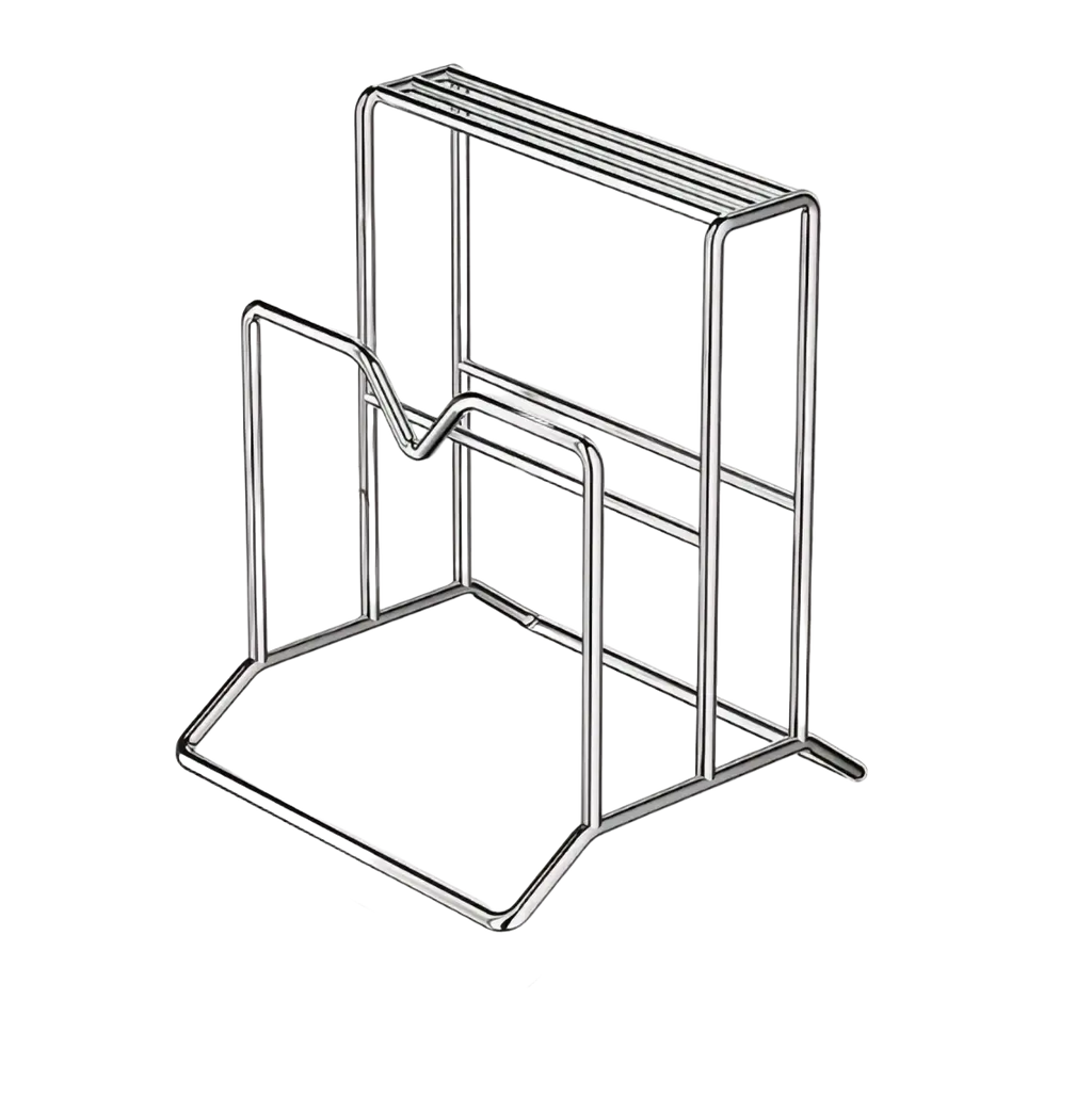 Black metal wire kitchen knife organizer with cutting board holder featuring a rectangular base with vertical supports