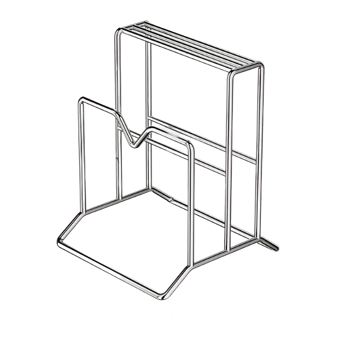 Black metal wire kitchen knife organizer with cutting board holder featuring a rectangular base with vertical supports