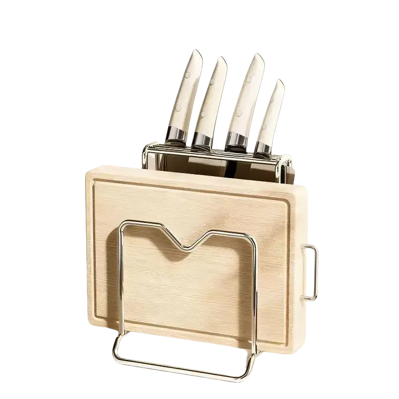 Light-colored wooden kitchen knife organizer with cutting board holder and chrome stand storing four white-handled knives
