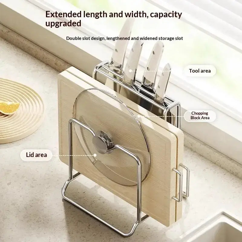 Kitchen knife organizer with cutting board holder featuring a stainless steel frame and light wood cutting board insert