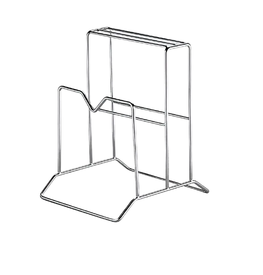 A sleek minimalist two-tier kitchen knife organizer with cutting board holder in polished chrome wire rack design