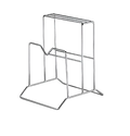 A sleek minimalist two-tier kitchen knife organizer with cutting board holder in polished chrome wire rack design
