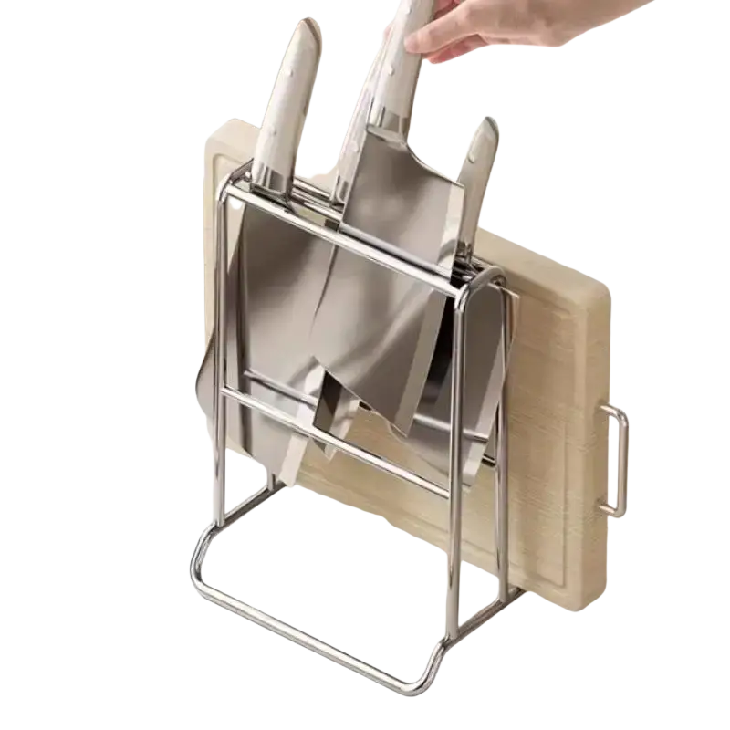 Stainless steel kitchen knife organizer with minimalist design holding knives next to wooden cutting board holder
