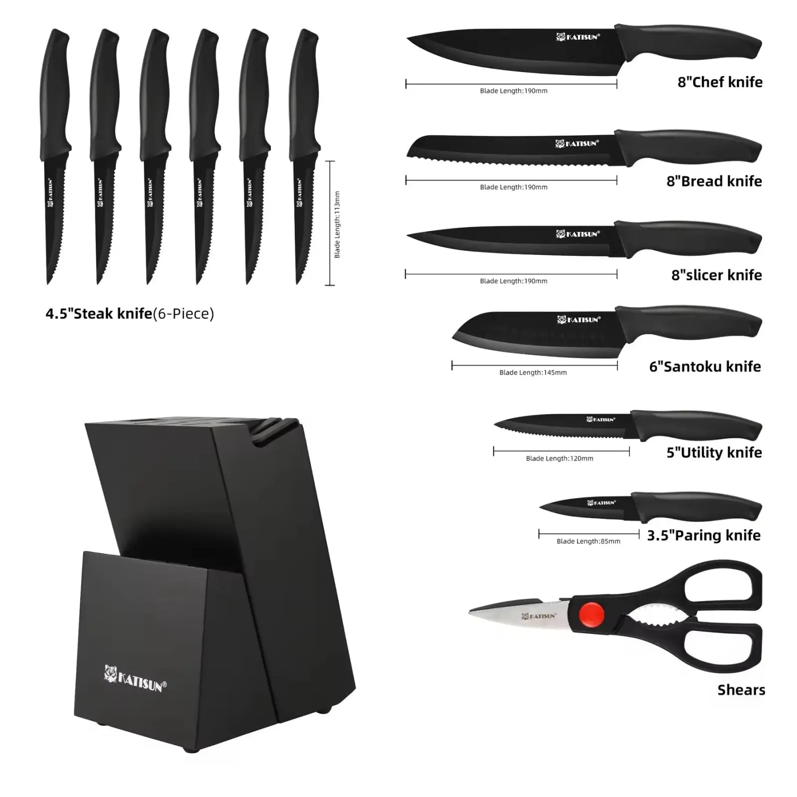 Black faisun kitchen knife set 15 piece carbon steel with sharpener features sleek matte blades and ergonomic handles
