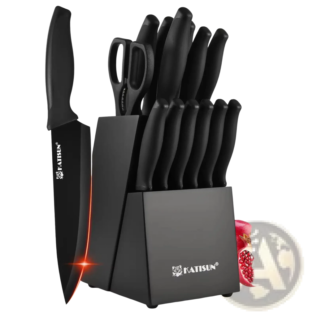 Black katisun 15 piece kitchen knife set with carbon steel blades and sleek black handles in modern knife block design