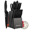 Black katisun 15 piece kitchen knife set with carbon steel blades and sleek black handles in modern knife block design