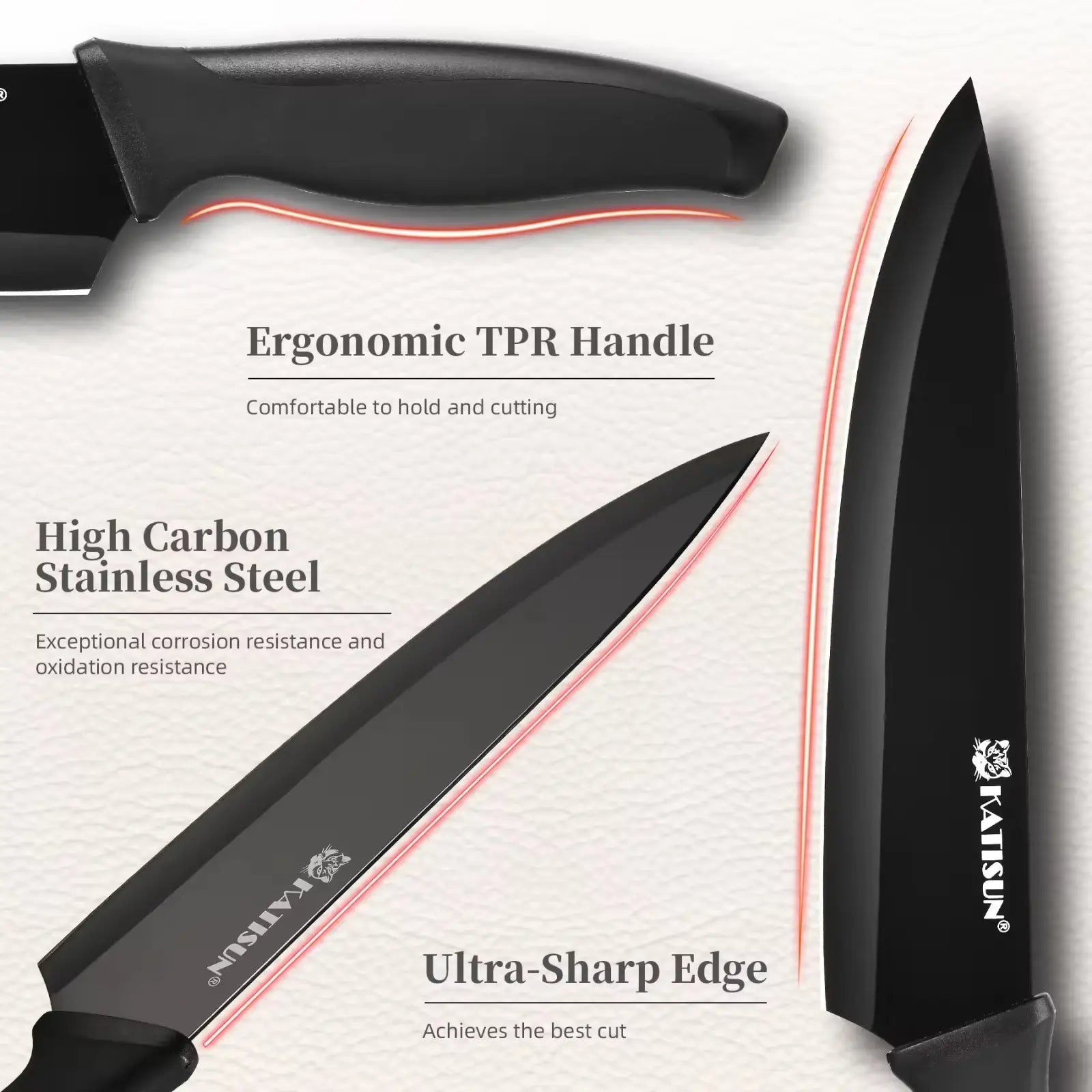 Black kitchen knife with ergonomic tpr handle and high carbon stainless steel blade featuring Katson logo