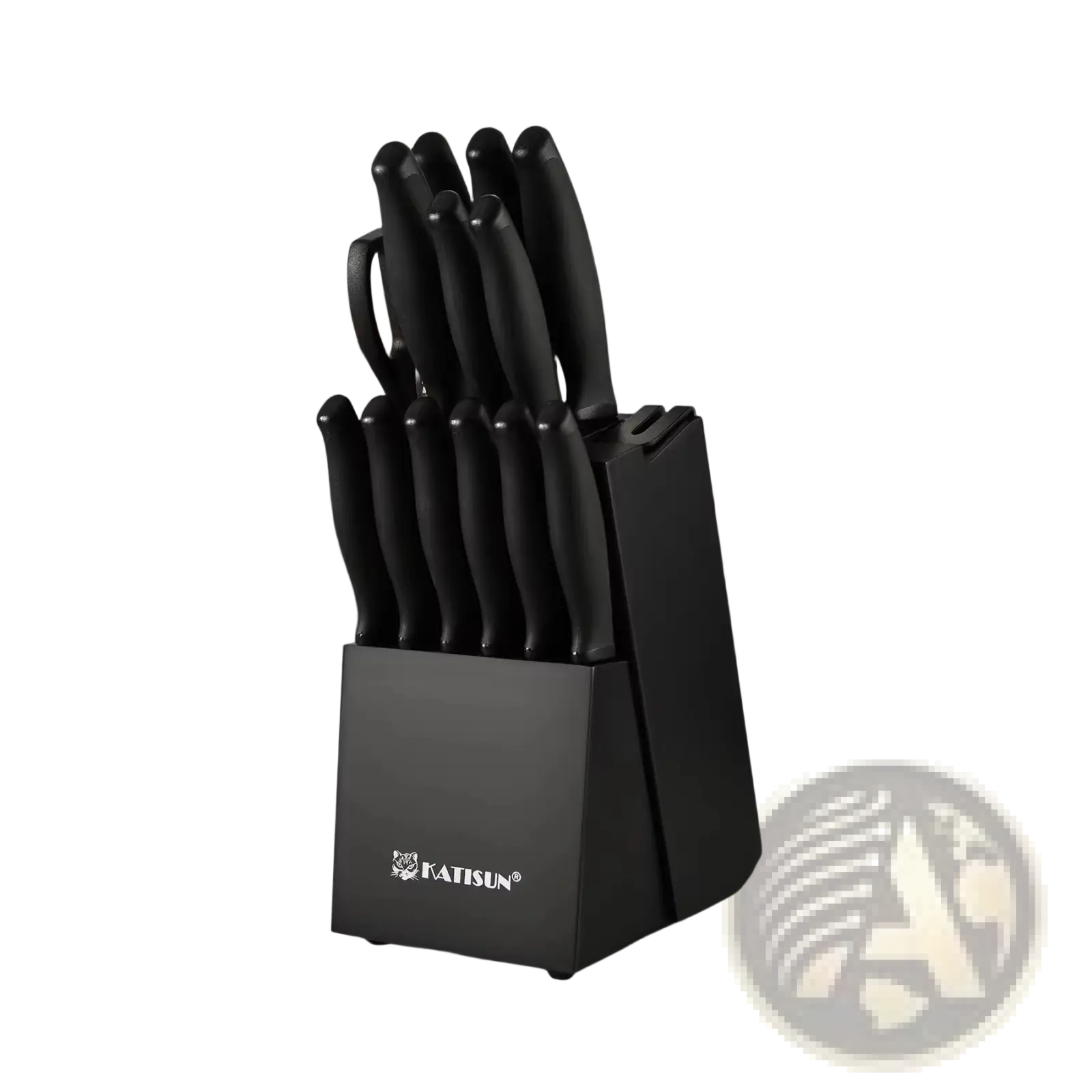 Black katisun 15 piece kitchen knife set with carbon steel blades and sleek knife block with uniform handles