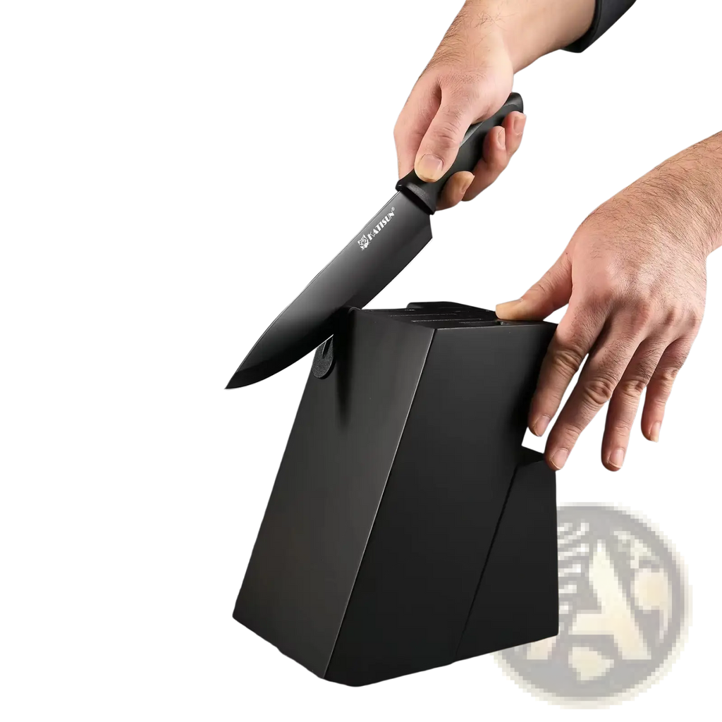 Black ceramic kitchen knife with black handle branded fanke part of 15 piece carbon steel set with sharpener