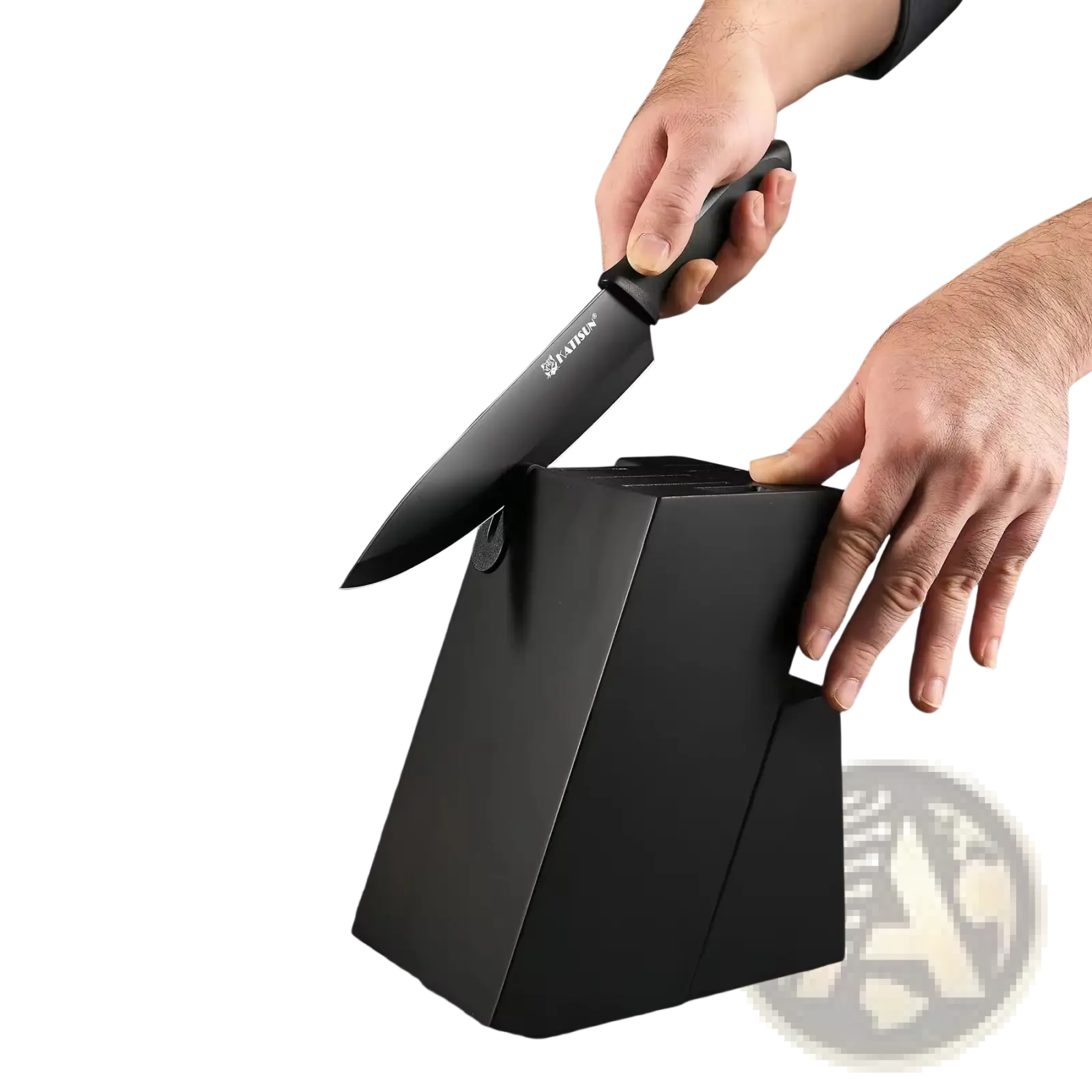 Black ceramic kitchen knife with black handle branded fanke part of 15 piece carbon steel set with sharpener