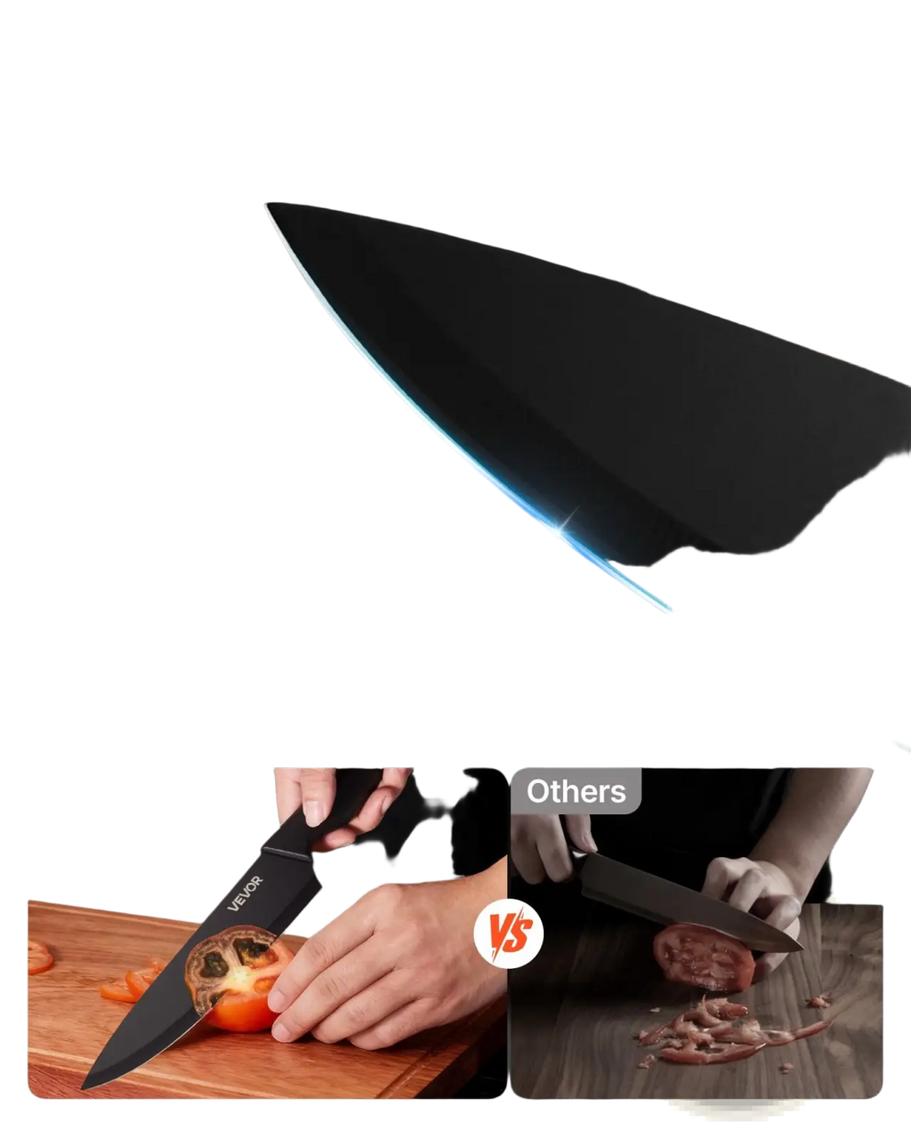 Black ceramic kitchen knife with 36 degree double beveled edge and vivos brand on handle from 15 piece german steel set