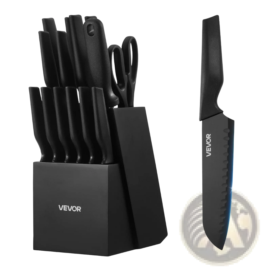 Black ceramic kitchen knife set 15 piece with sleek handles and matching block branded veyor made of german steel