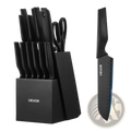 Black ceramic kitchen knife set 15 piece with sleek handles and matching block branded veyor made of german steel
