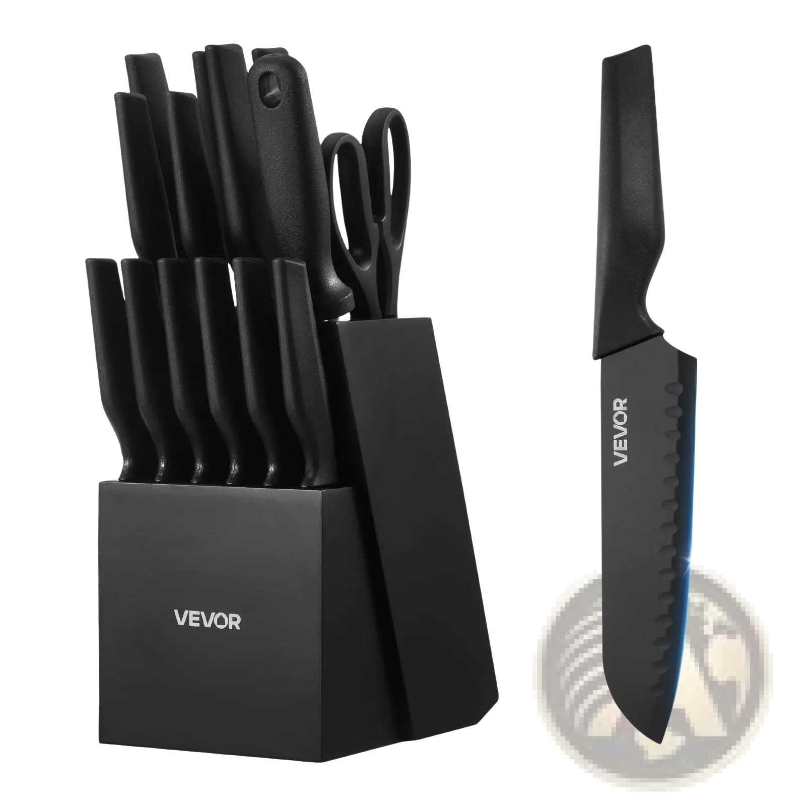 Black ceramic kitchen knife set 15 piece with sleek handles and matching block branded veyor made of german steel