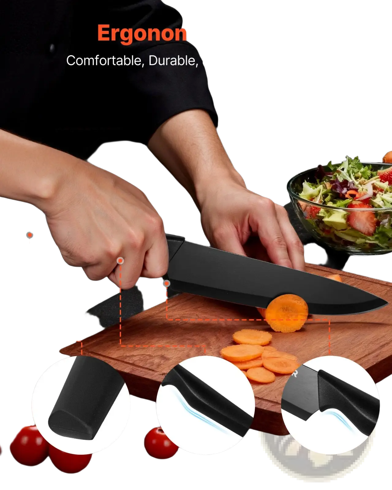 Black chef’s knife with ergonomic handle designed for comfort and durability in kitchen knife set 15 piece german steel with block