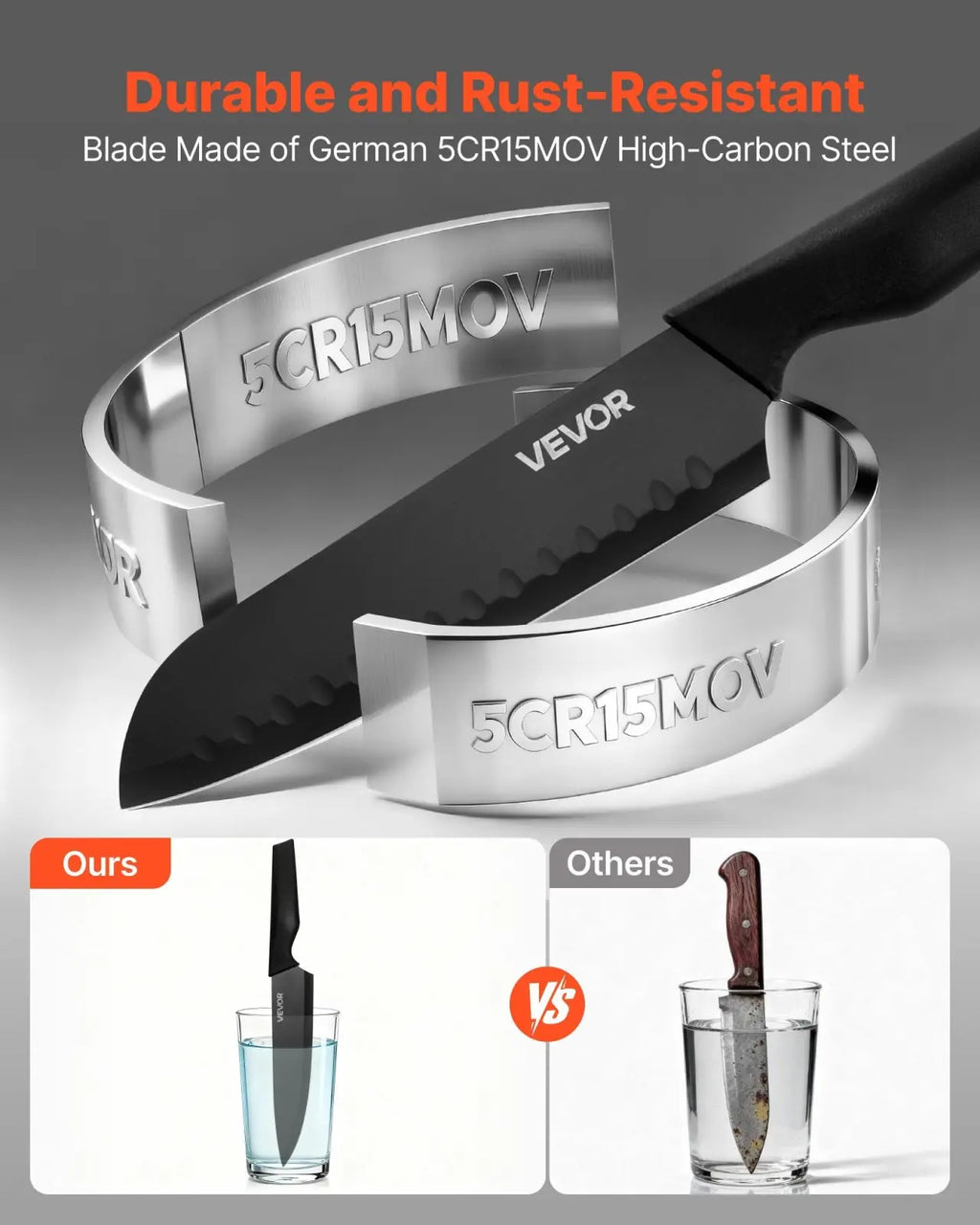 Black-coated kitchen knife with stainless steel handle branded Vevor and 5cr15mov engraved blade material specification