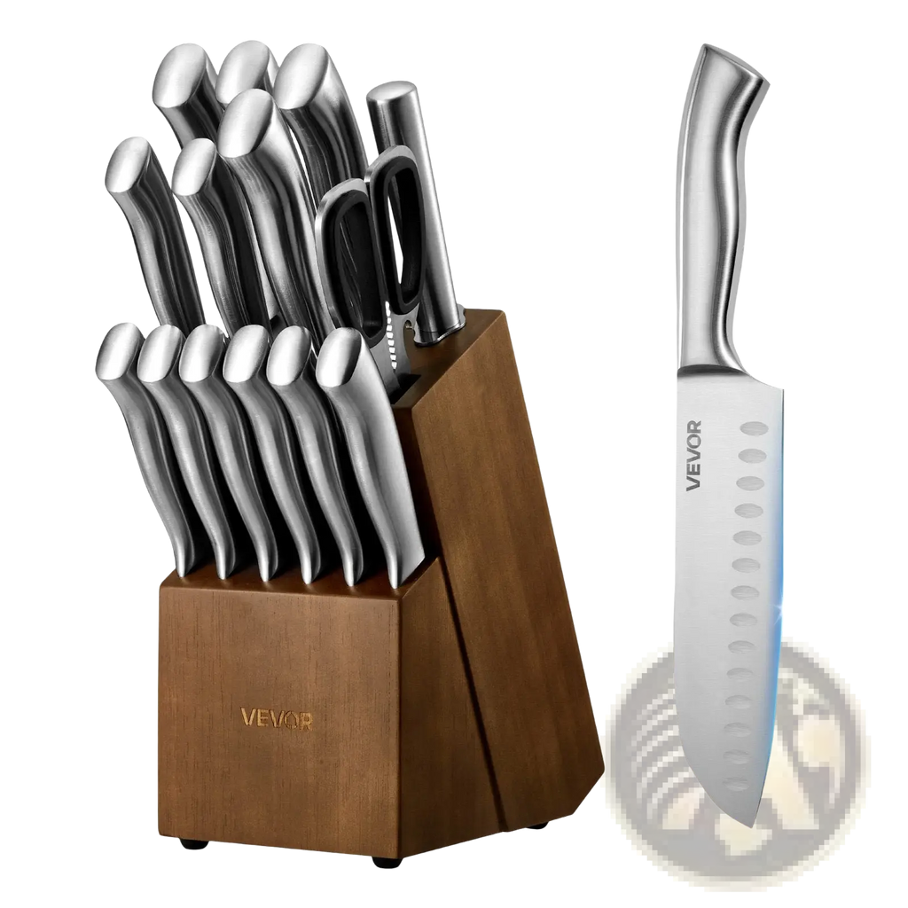 Silver-finished stainless steel kitchen knife set 15 piece german steel with ergonomic handles in wooden block and one standing beside it