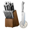 Silver-finished stainless steel kitchen knife set 15 piece german steel with ergonomic handles in wooden block and one standing beside it