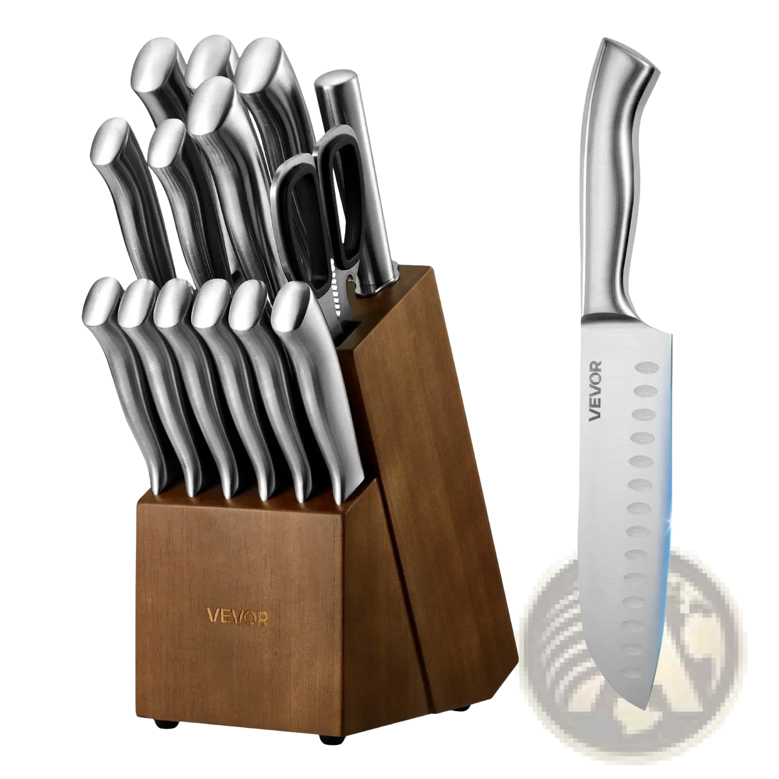 Silver-finished stainless steel kitchen knife set 15 piece german steel with ergonomic handles in wooden block and one standing beside it