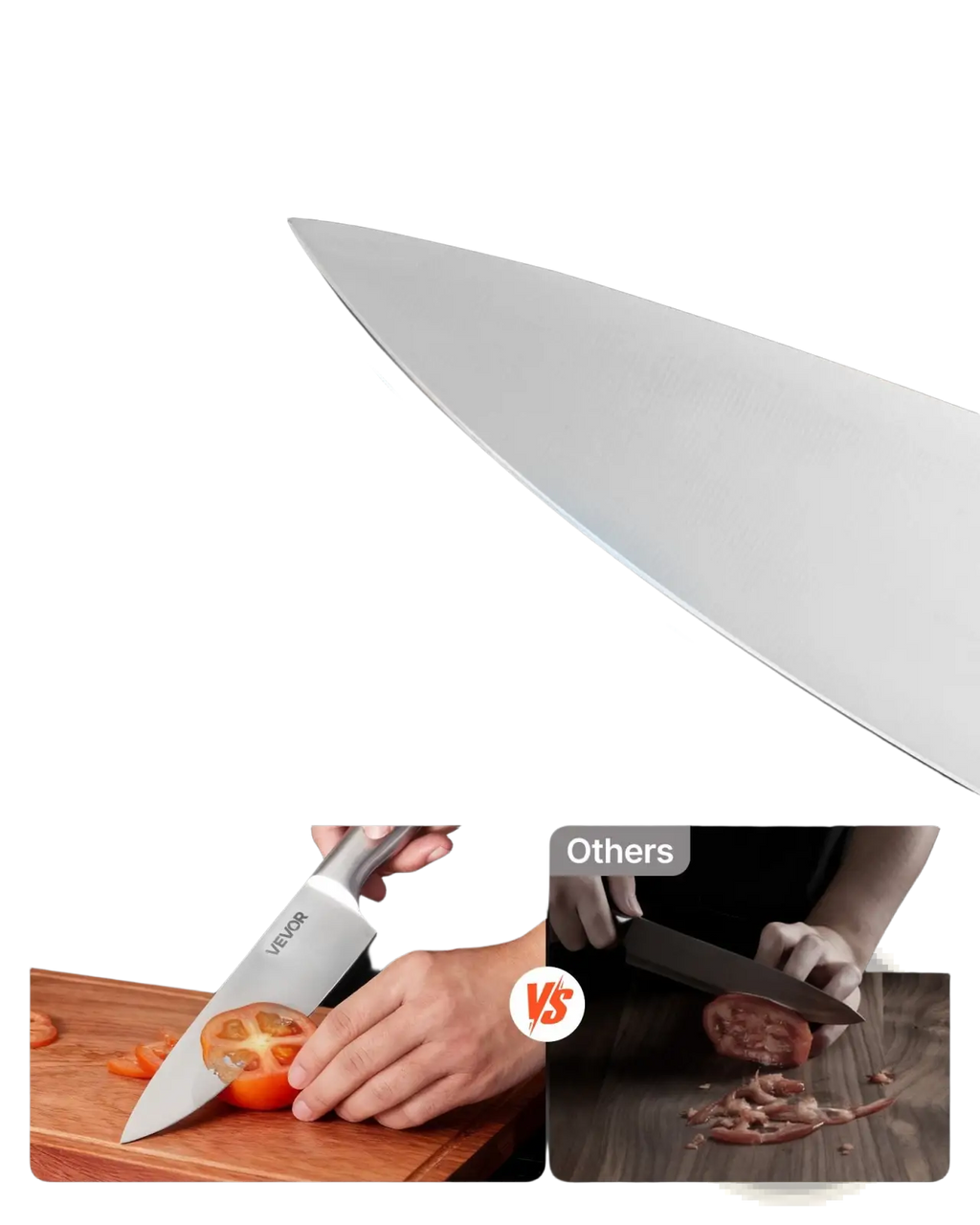 Silver Vevor chef’s knife with double-beveled edge and sharp non-stick blade in 15 piece German steel kitchen set with block