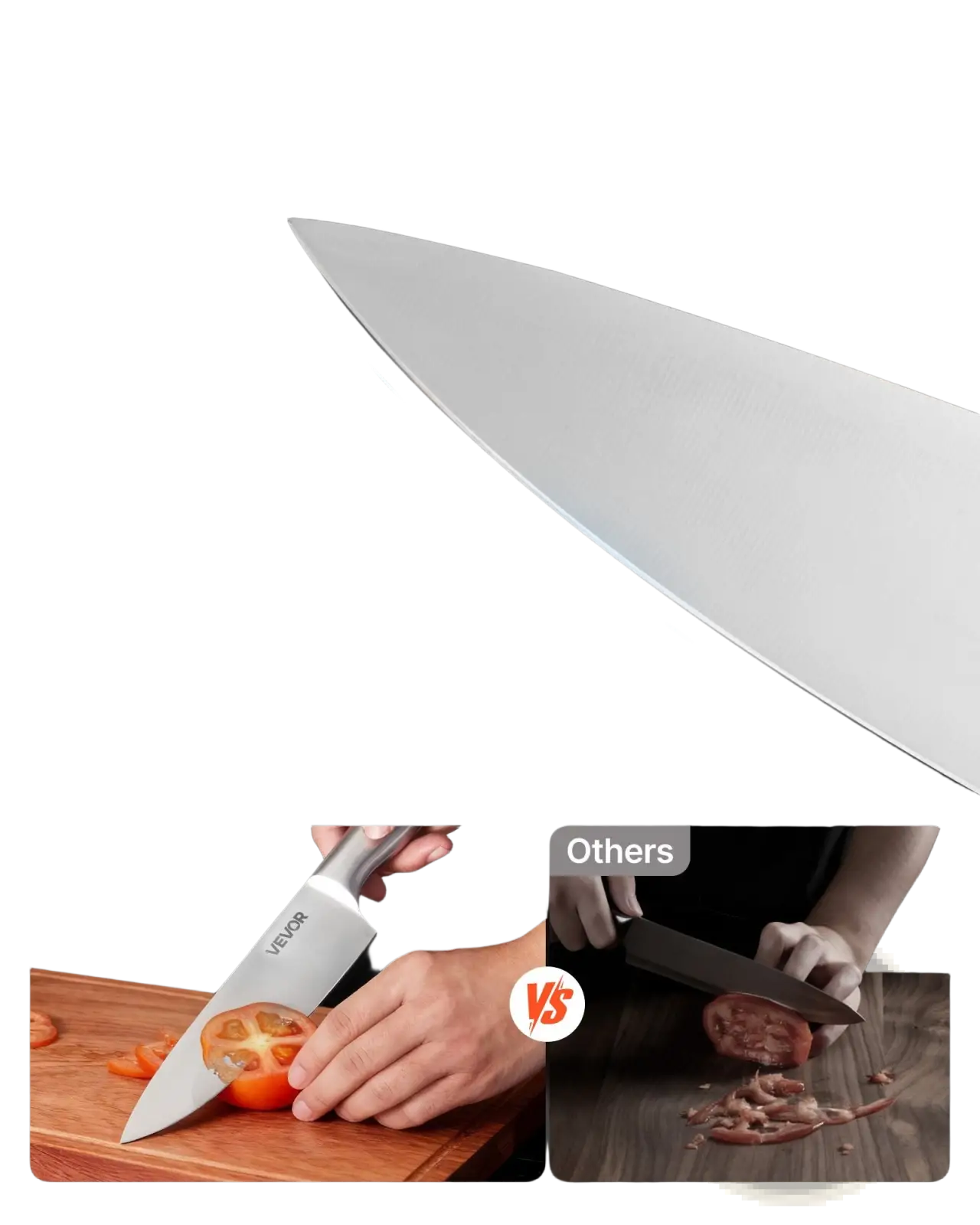 Silver Vevor chef’s knife with double-beveled edge and sharp non-stick blade in 15 piece German steel kitchen set with block