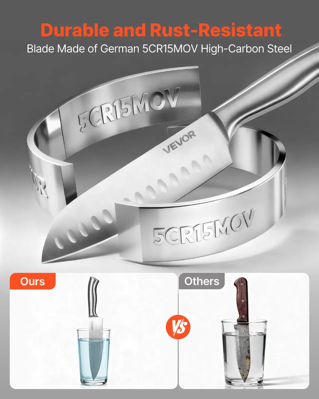 A sleek silver vevor chef’s knife with a sharp serrated german 5cr15mov high-carbon steel blade in a kitchen set block