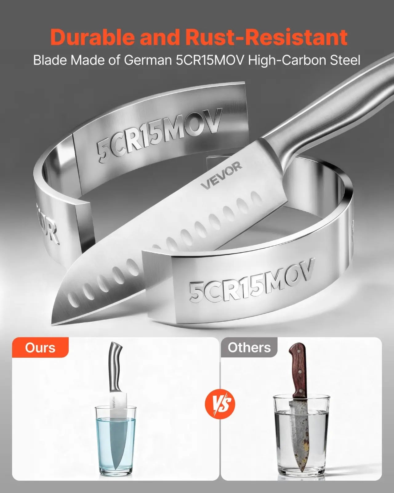 A sleek silver vevor chef’s knife with a sharp serrated german 5cr15mov high-carbon steel blade in a kitchen set block