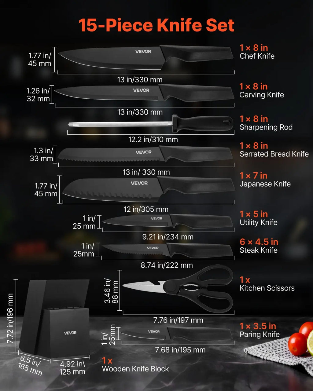 Black vevor kitchen knife set 15 piece with sleek modern handles and german stainless steel blades in block