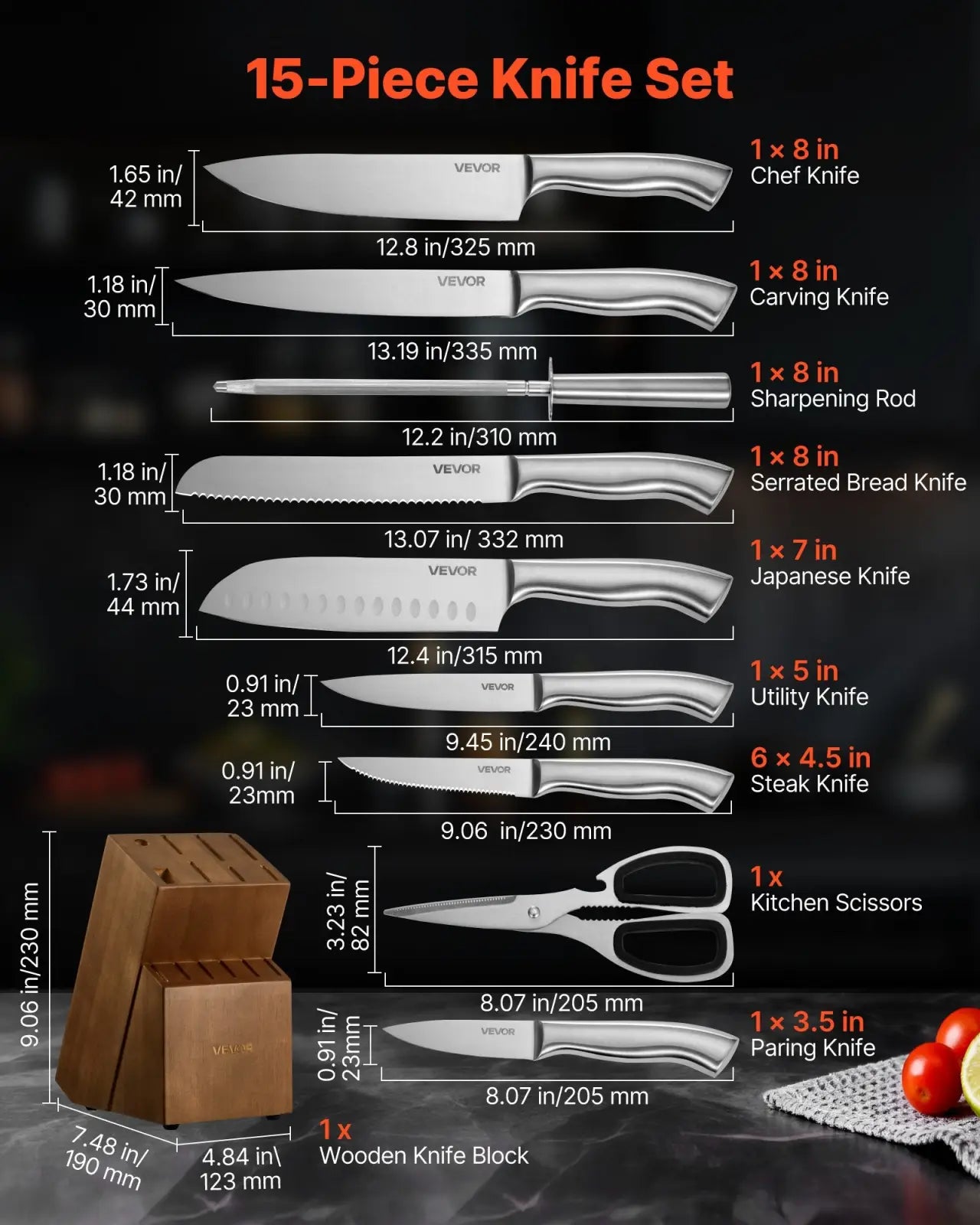 Vevor 15-piece kitchen knife set with German stainless steel blades and wooden block including chefs knife and specialized knives