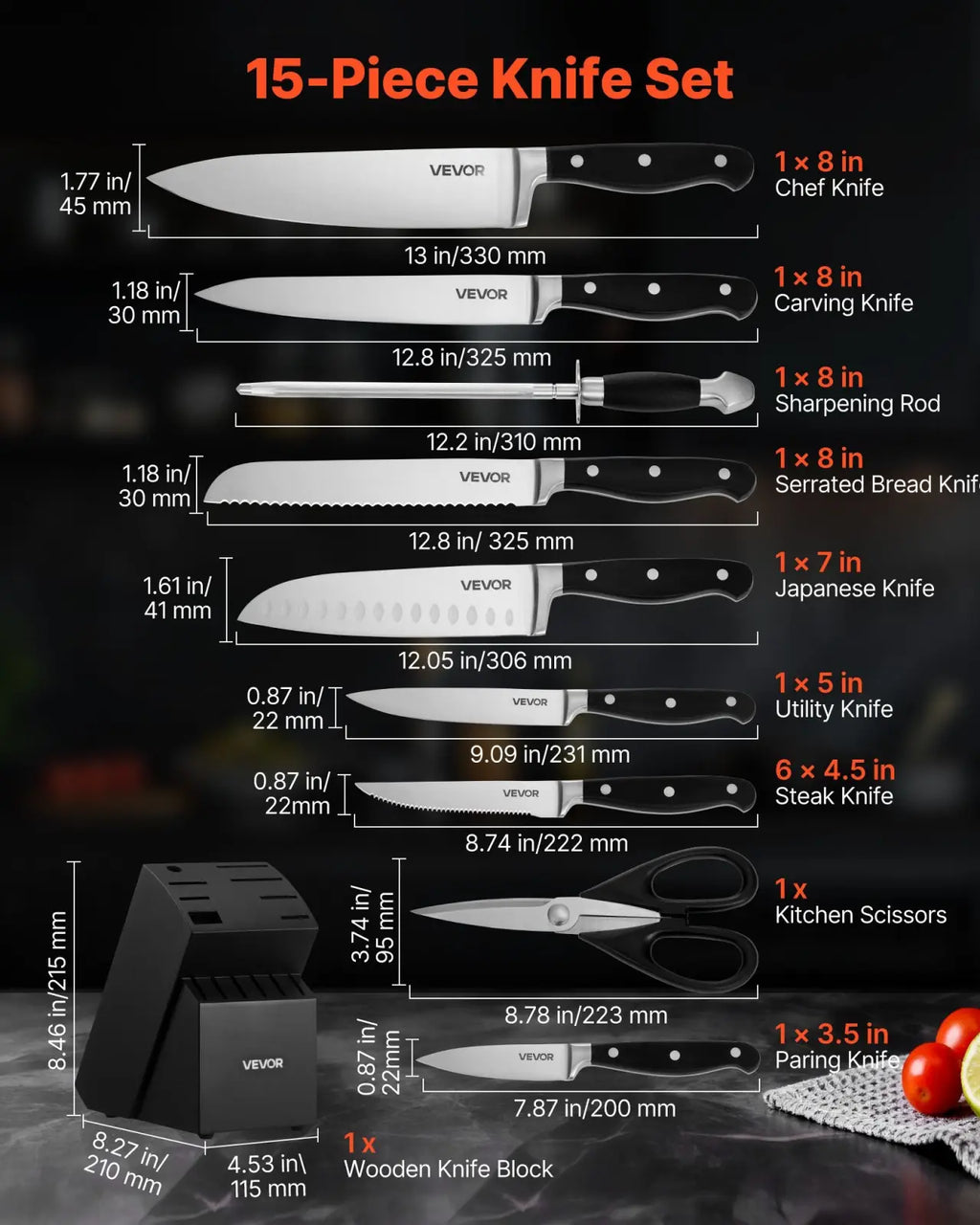 Black-handled 15-piece vevor kitchen knife set with high carbon stainless steel blades and black wooden block