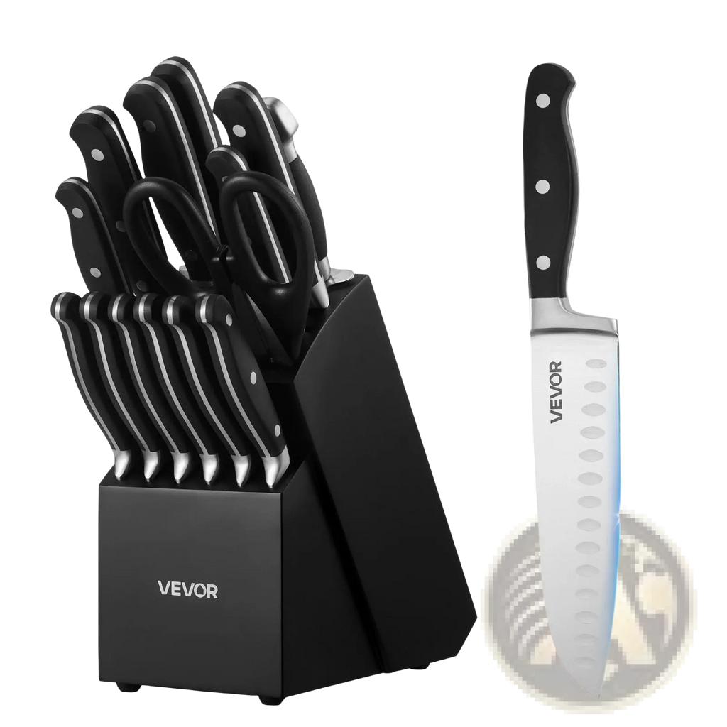 Black vevor kitchen knife set 15 piece with high carbon stainless steel blades and black handles with silver accents