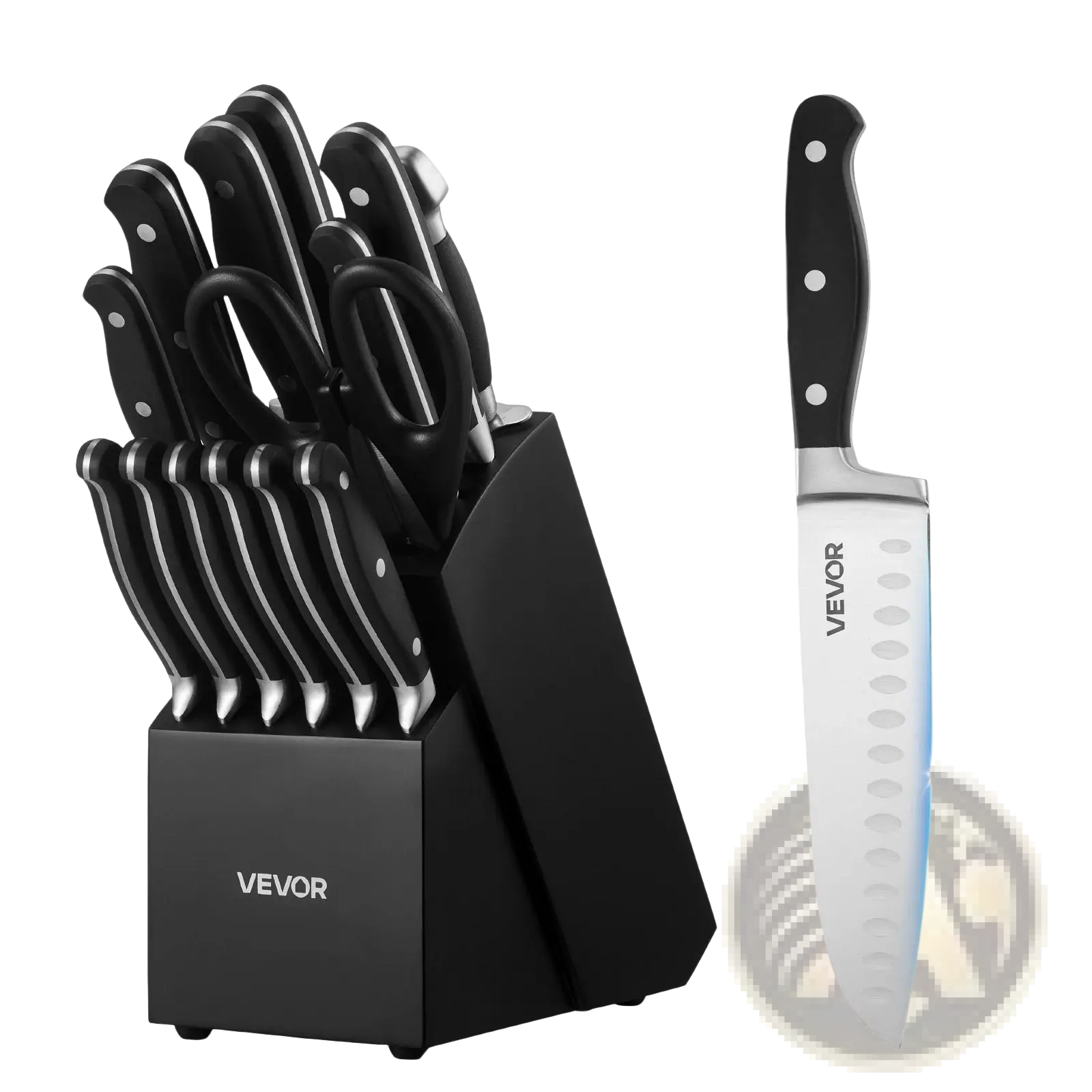 Black vevor kitchen knife set 15 piece with high carbon stainless steel blades and black handles with silver accents