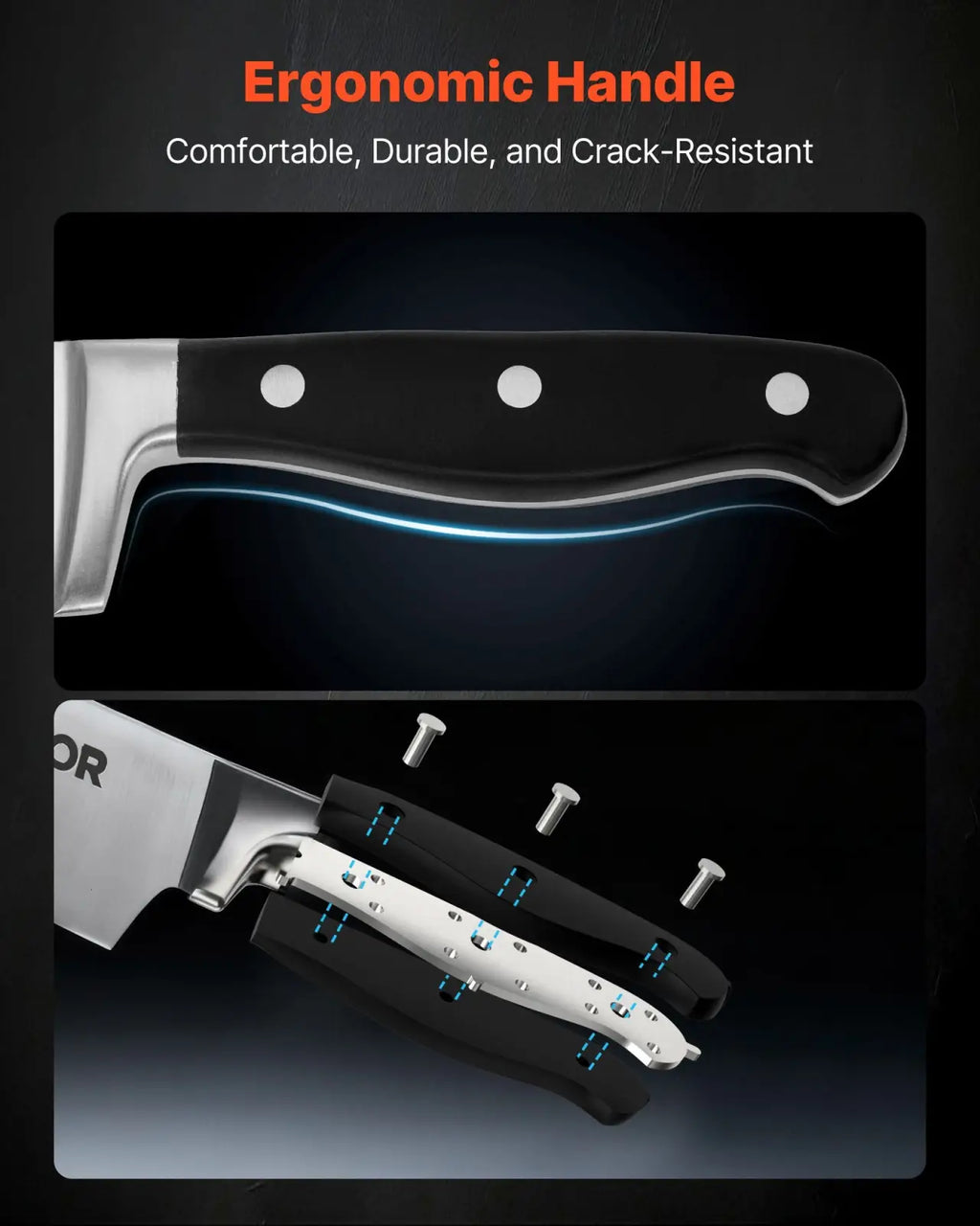 Black ergonomic knife handle with silver rivets from kitchen knife set 15 piece high carbon stainless steel