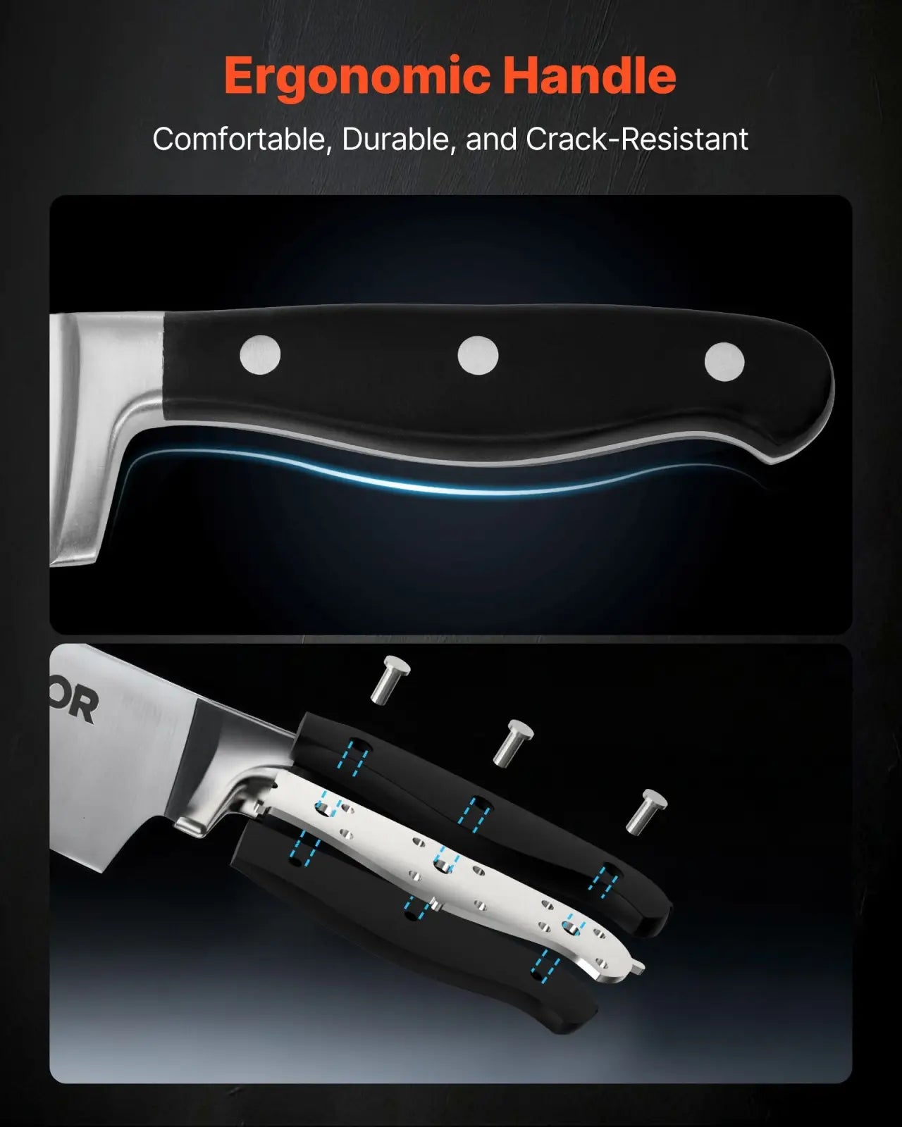 Black ergonomic knife handle with silver rivets from kitchen knife set 15 piece high carbon stainless steel