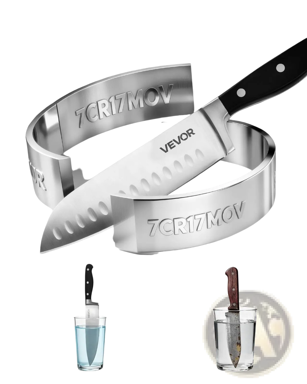 A sleek stainless steel chef’s knife with black handle and vevor branding from a 15 piece high carbon kitchen set