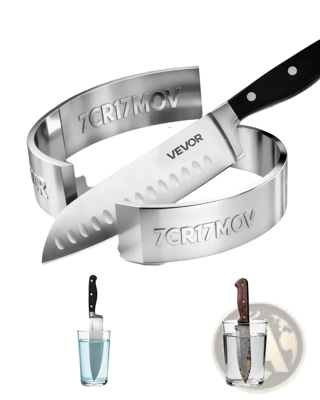 A sleek stainless steel chef’s knife with black handle and vevor branding from a 15 piece high carbon kitchen set