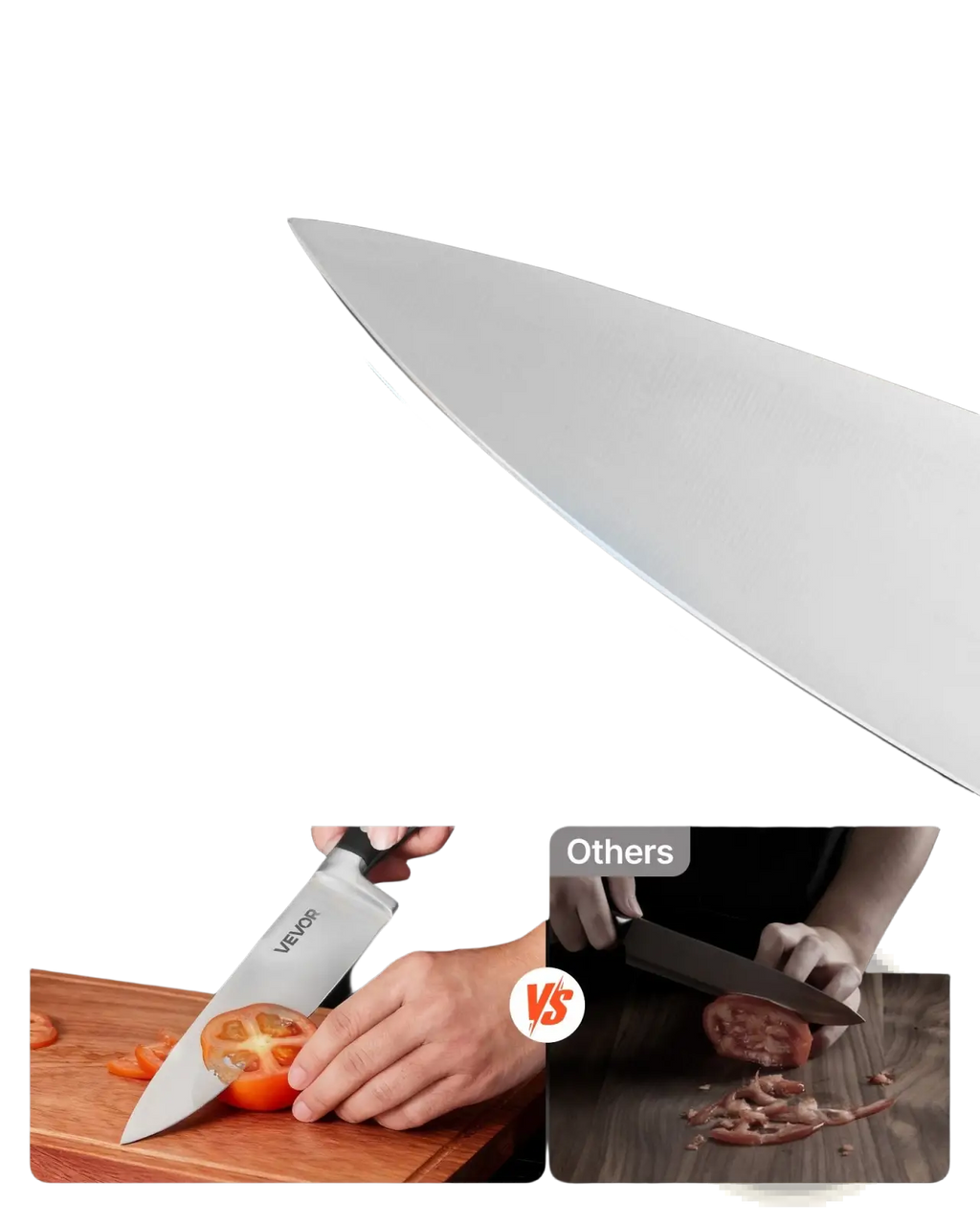 A sleek stainless steel chef’s knife with a double beveled sharp blade from a 15 piece kitchen knife set