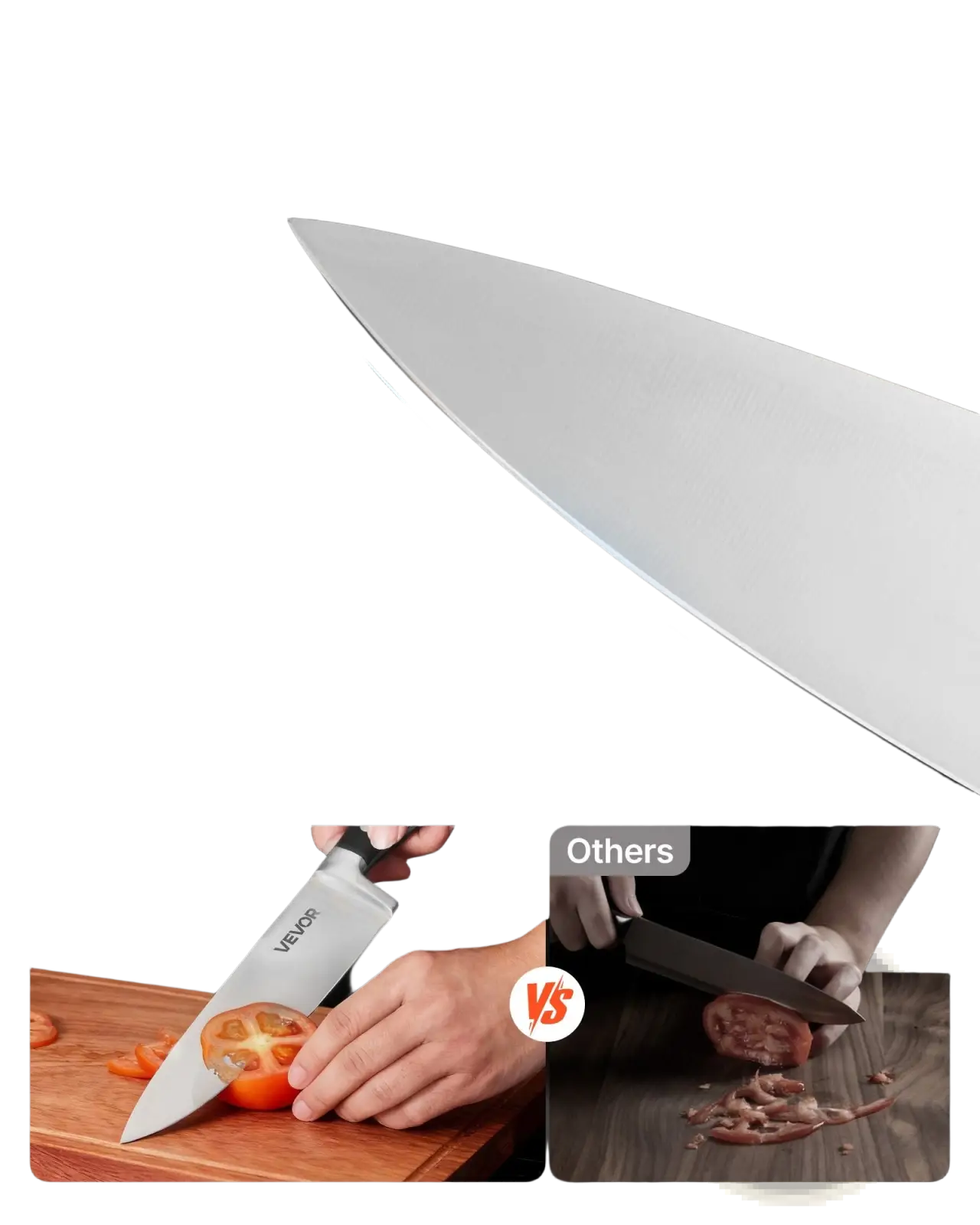 A sleek stainless steel chef’s knife with a double beveled sharp blade from a 15 piece kitchen knife set