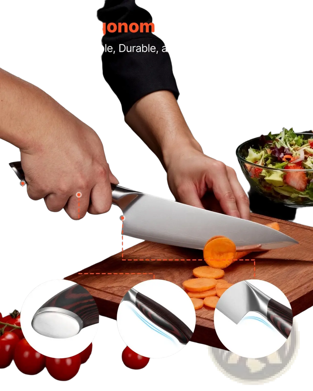 A sleek stainless steel chef knife with a black and silver ergonomic handle from a 5 piece damascus steel set