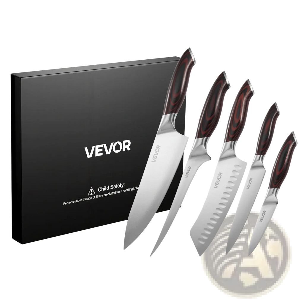 Vevor five-piece kitchen knife set with sleek stainless steel blades and dark reddish-brown wooden handles
