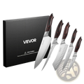 Vevor five-piece kitchen knife set with sleek stainless steel blades and dark reddish-brown wooden handles