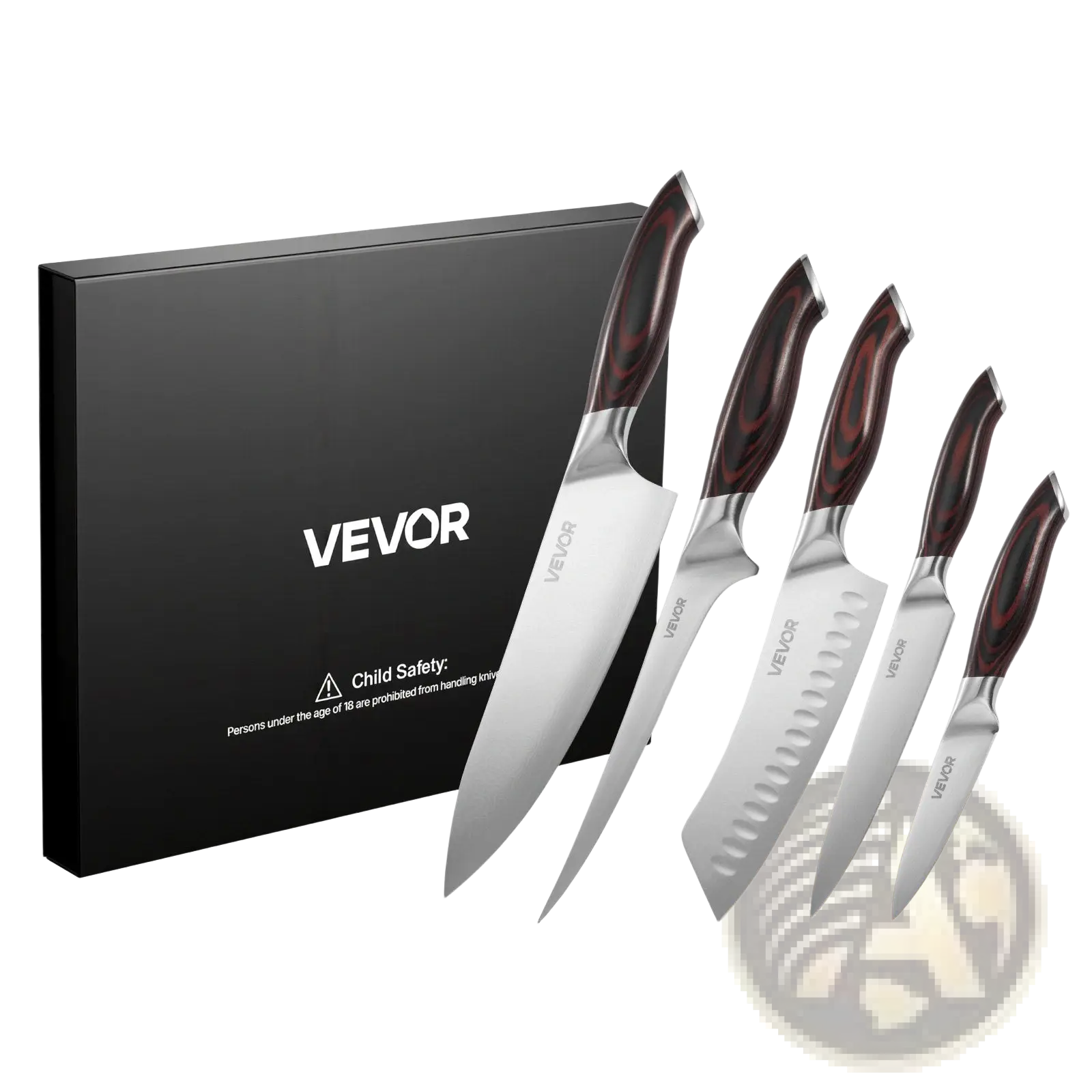Vevor five-piece kitchen knife set with sleek stainless steel blades and dark reddish-brown wooden handles