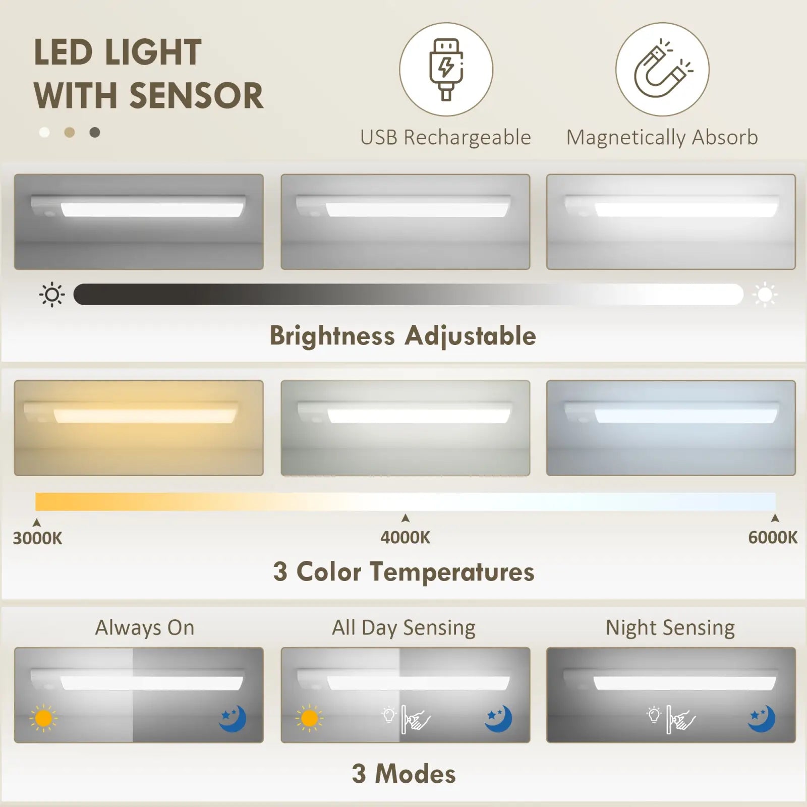 Kitchen pantry cabinet with usb rechargeable led light featuring adjustable brightness and three color temperatures