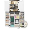 White kitchen pantry cabinet with led light and spice racks, featuring multiple shelves stocked with various food items