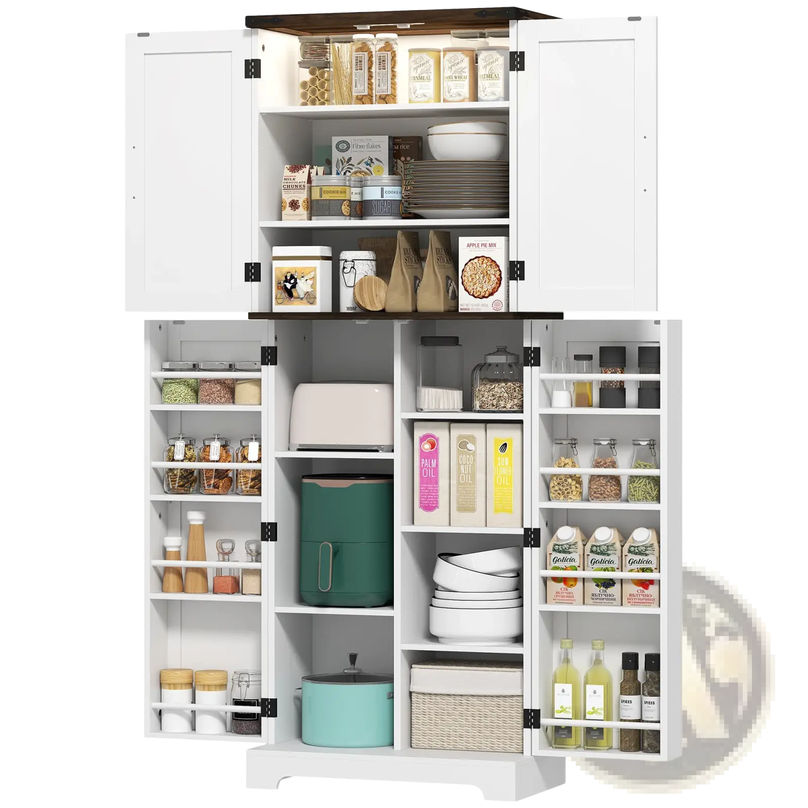 White kitchen pantry cabinet with led light and spice racks, featuring multiple shelves stocked with various food items