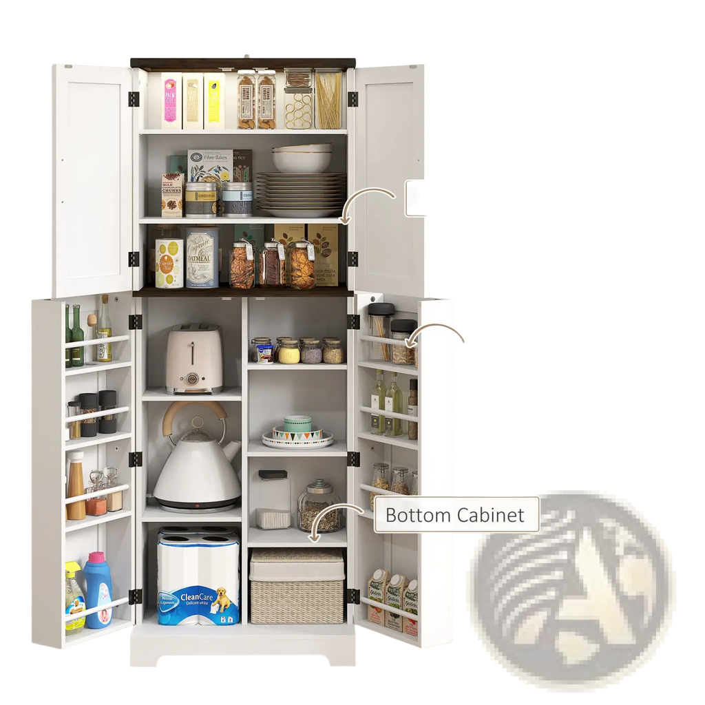 White kitchen pantry cabinet with led light dark wood trim and multiple shelves for organized spice storage