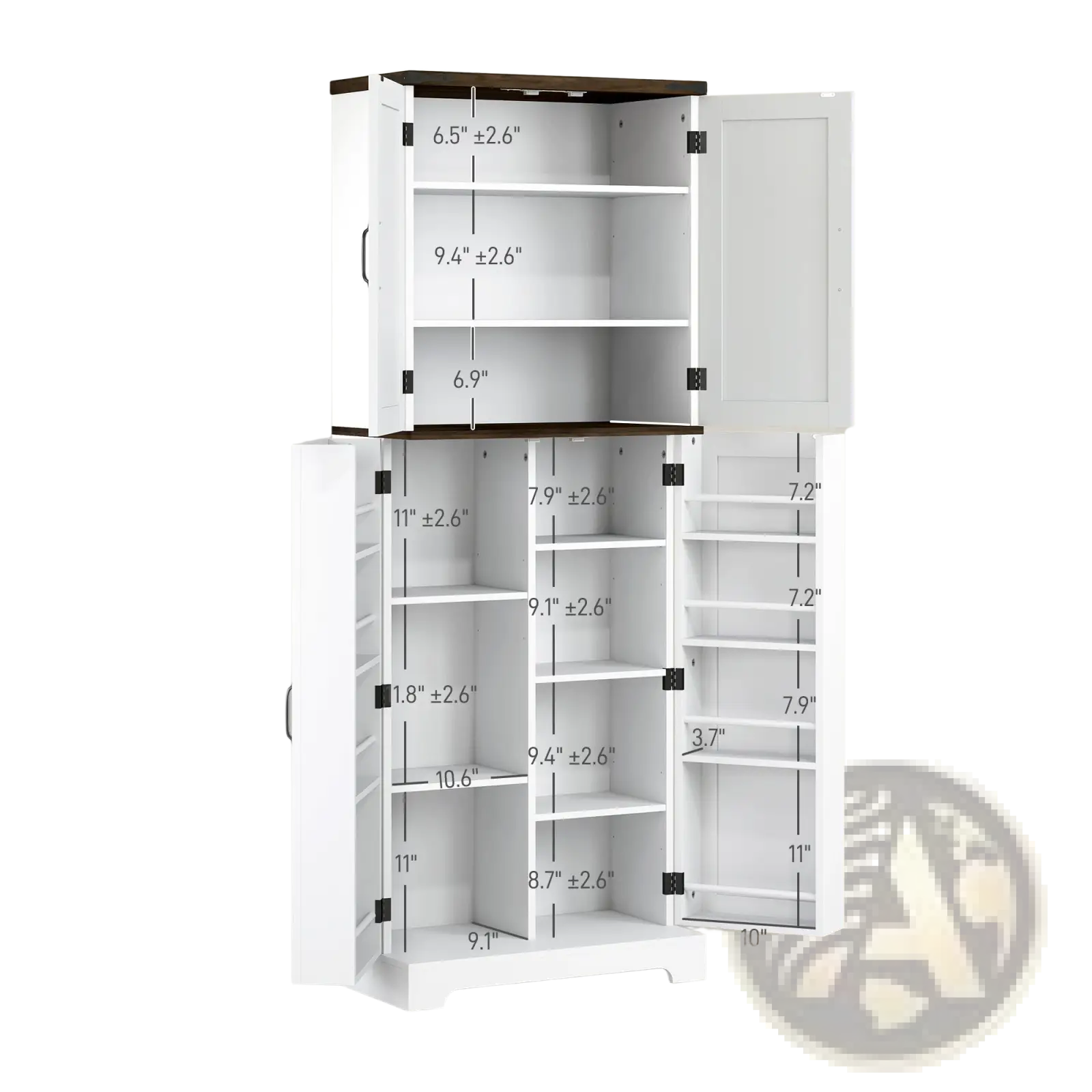 White and dark wood two-door kitchen pantry cabinet with led light, adjustable shelves, and spice racks