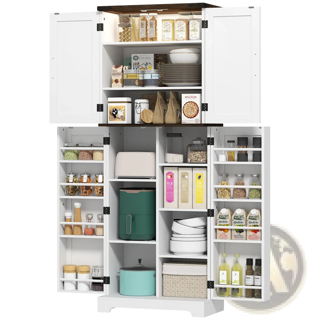 White kitchen pantry cabinet with led light and spice racks featuring multiple shelves stocked with food items