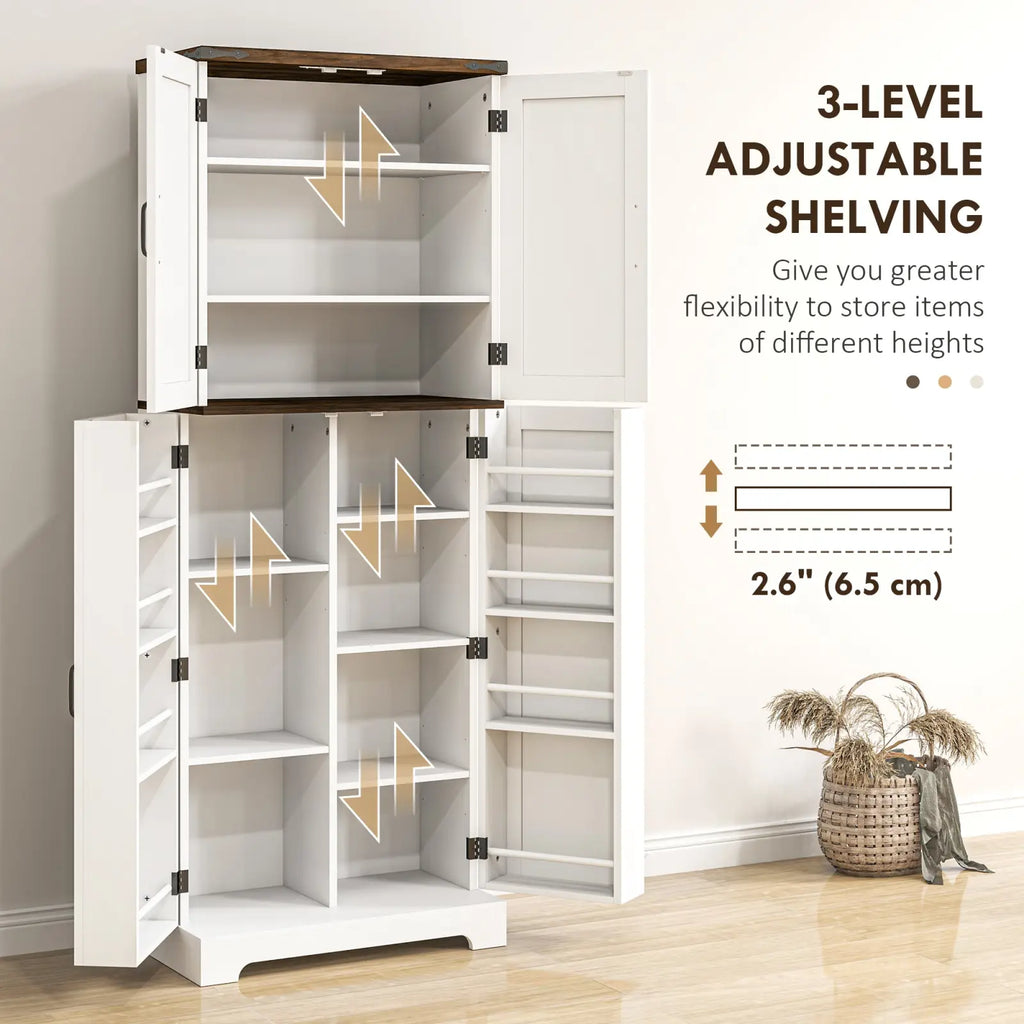 White and dark wood kitchen pantry cabinet with two adjustable doors three customizable shelves led light and spice racks