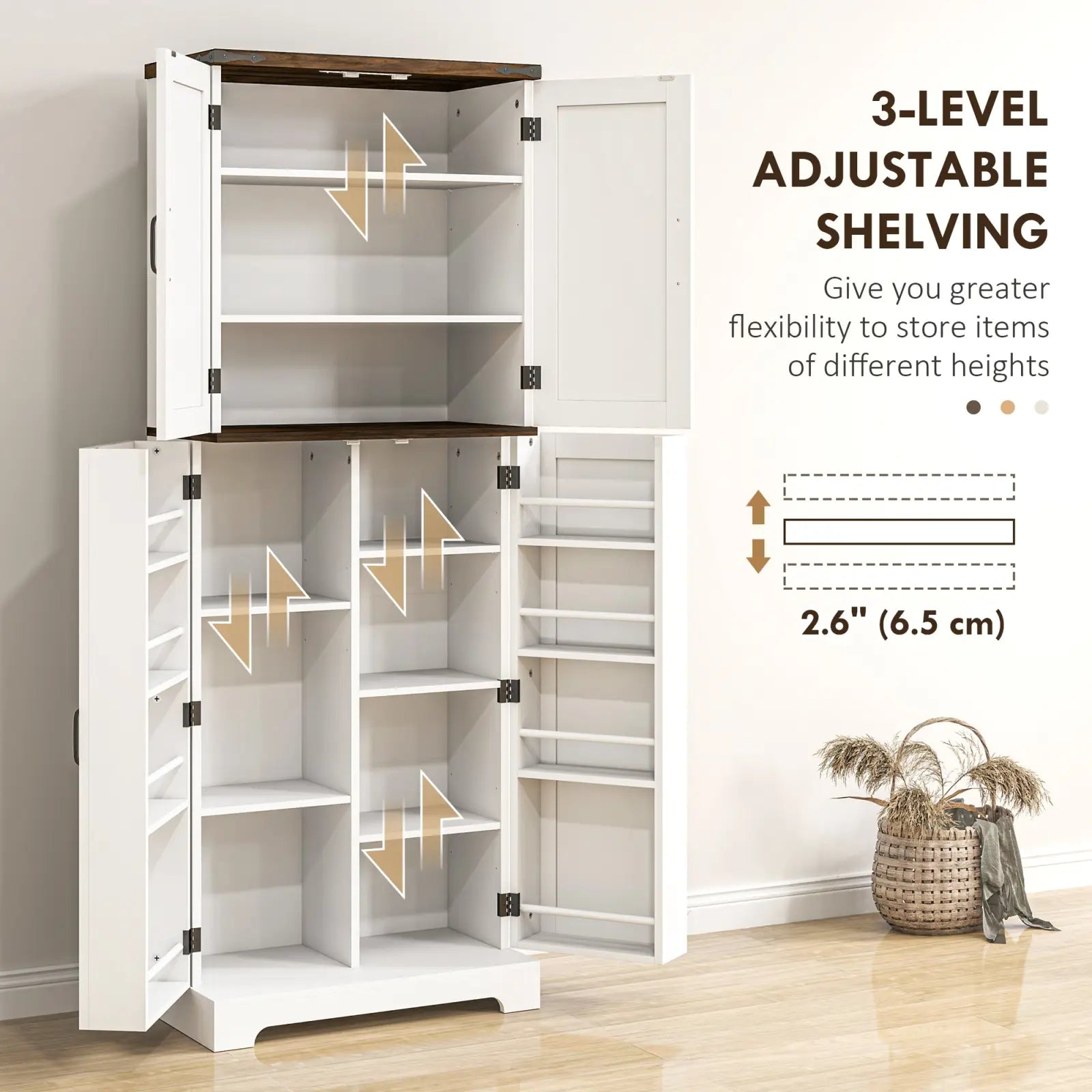 White and dark wood kitchen pantry cabinet with two adjustable doors three customizable shelves led light and spice racks